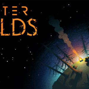 Arte promocional de Outer Wilds con un astronauta junto a una fogata en un pequeño planeta, mientras una nave descansa cerca y el cielo estrellado se extiende detrás.