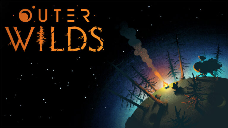 Arte promocional de Outer Wilds con un astronauta junto a una fogata en un pequeño planeta, mientras una nave descansa cerca y el cielo estrellado se extiende detrás.